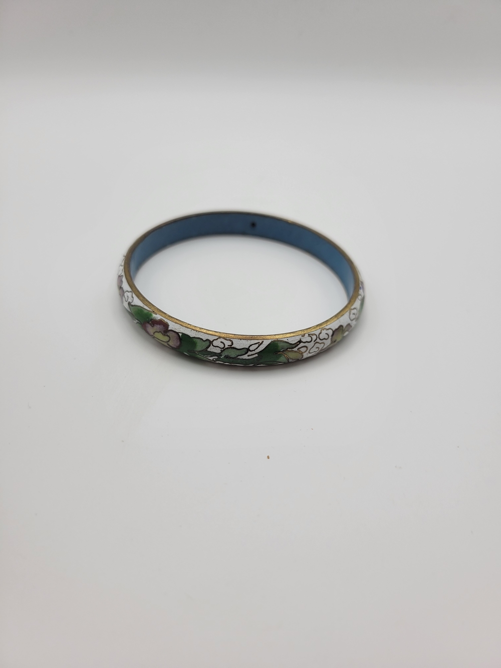 Vintage Hand-Painted Floral Cloisonné Bangle Bracelet in White and Blue